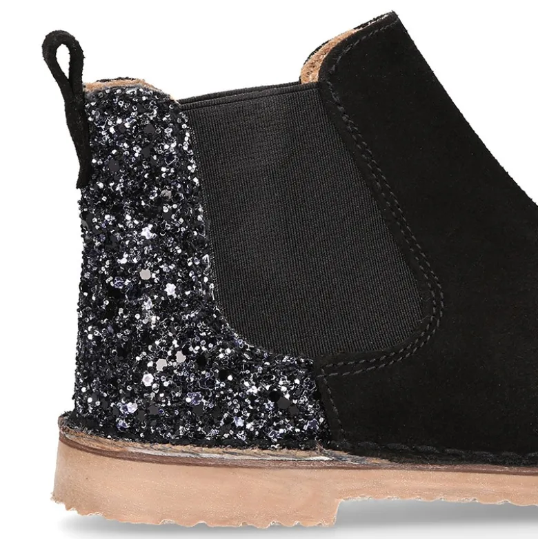 Botín niños con elástico y talonera GLITTER en piel serraje.