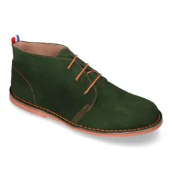 Botín tipo blucher para vestir con cordones, suela y cosidos a contraste en serraje.