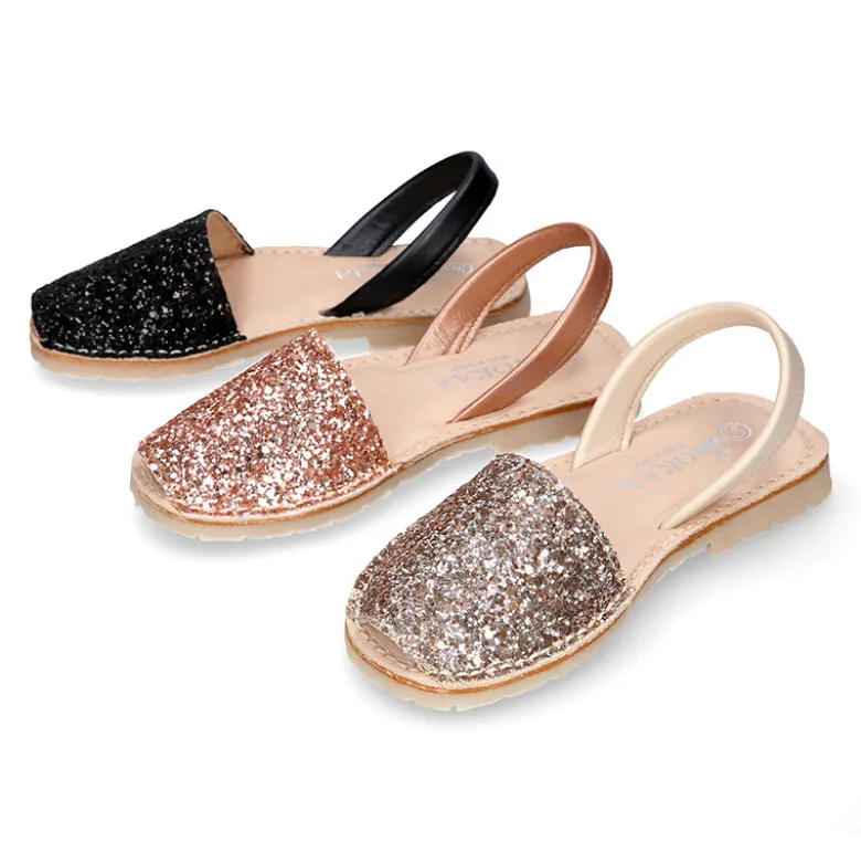 Menorquina niña con tira en piel EXTRA SUAVE con glitter.