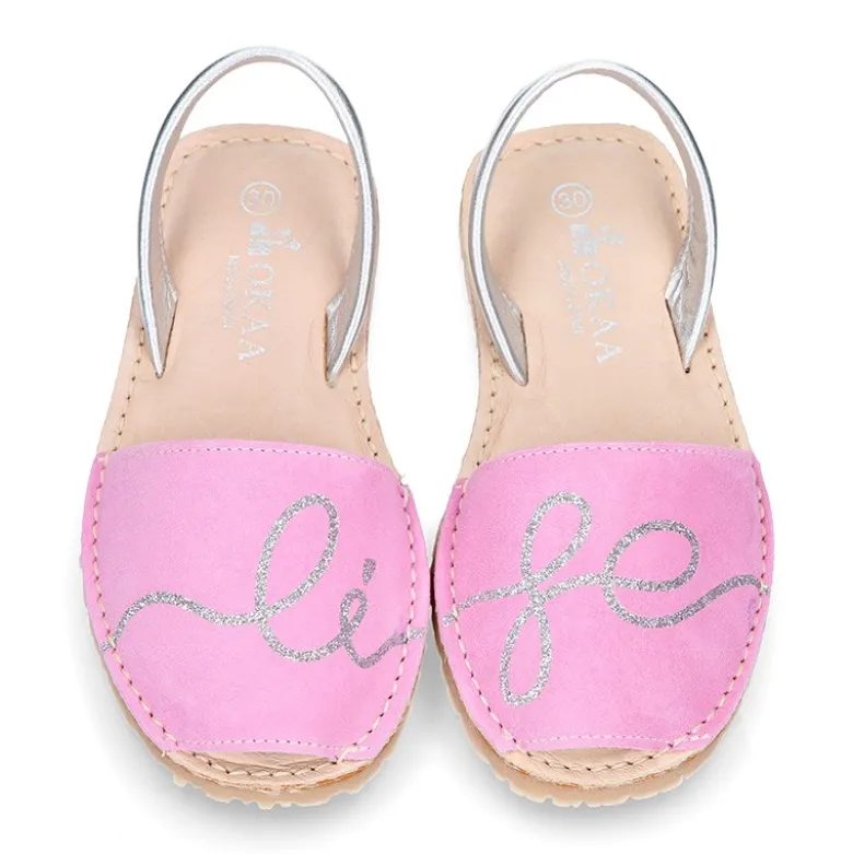 Menorquina niña Tira en piel ante combinada con diseño con LETRAS.