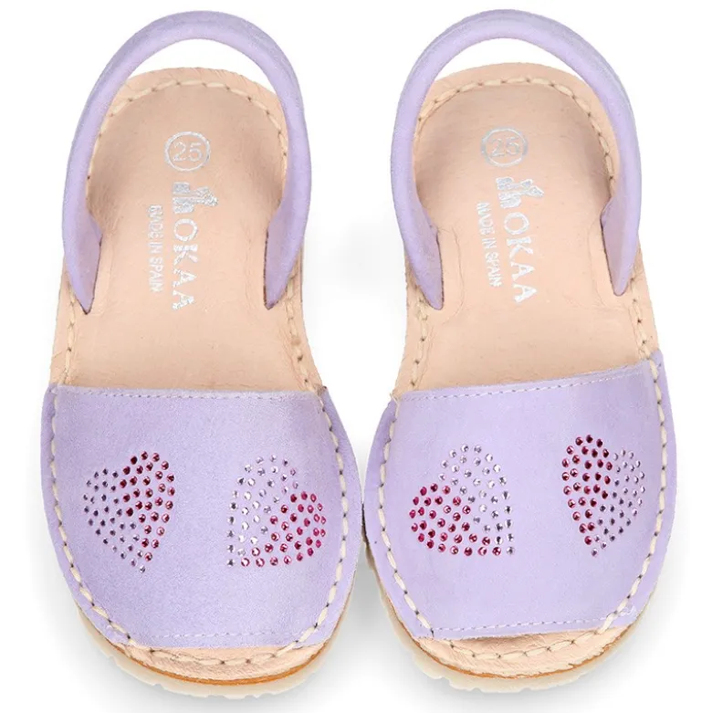 Menorquina niña Tira en piel ante lila con diseño con CORAZONES.