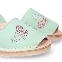 Menorquina niña Tira en piel ante menta con diseño con MARIPOSAS.