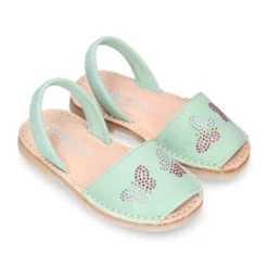 Menorquina niña Tira en piel ante menta con diseño con MARIPOSAS.