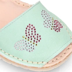Menorquina niña Tira en piel ante menta con diseño con MARIPOSAS.