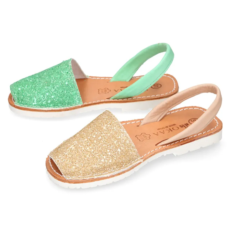 Menorquina tira en piel EXTRA SUAVE con glitter.