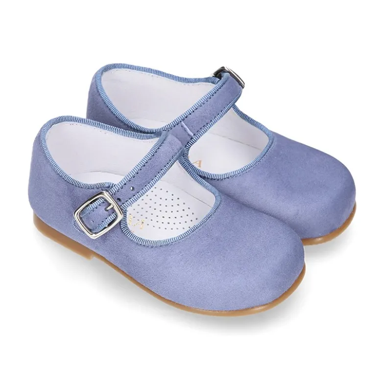 Mercedita niña con hebilla en piel ANTE AZUL.