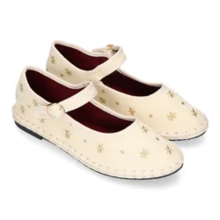 Merceditas de lino beige bordadas para mujer
