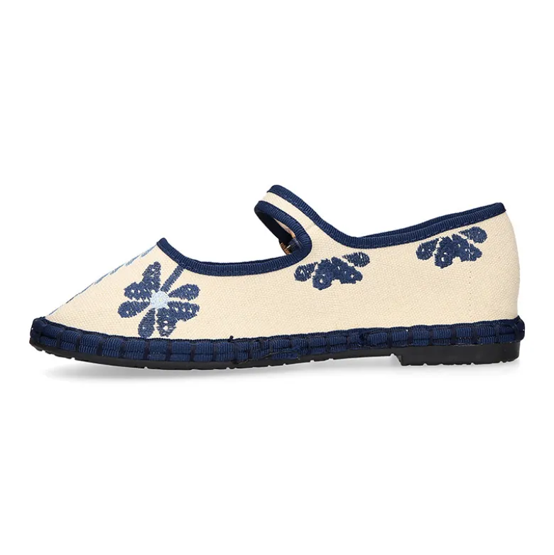 Merceditas de lino beige bordadas en azul para mujer