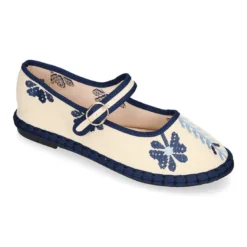 Merceditas de lino beige bordadas en azul para mujer
