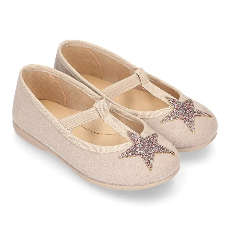 Merceditas en forma de T con elástico y ESTRELLAS en Serratex.