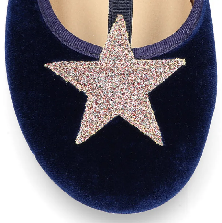 Merceditas en forma de T con elástico y ESTRELLAS en terciopelo.