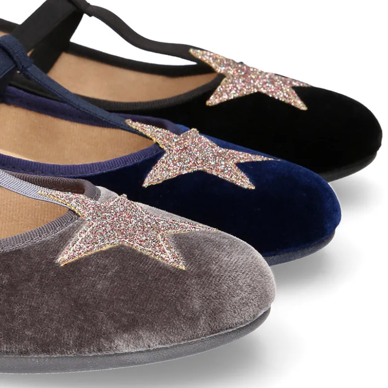 Merceditas en forma de T con elástico y ESTRELLAS en terciopelo.
