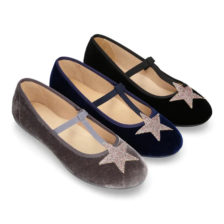 Merceditas en forma de T con elástico y ESTRELLAS en terciopelo.