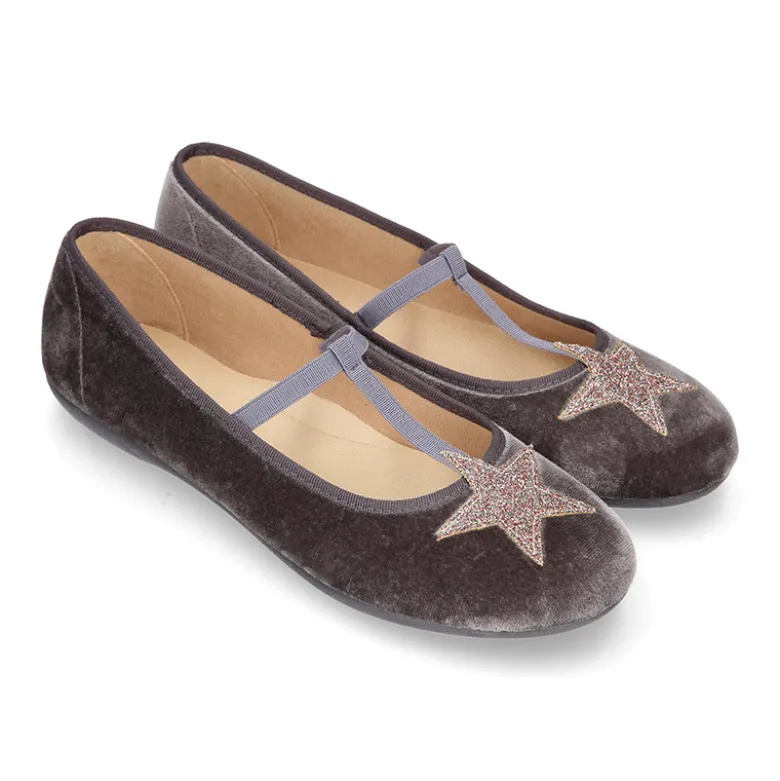 Merceditas en forma de T con elástico y ESTRELLAS en terciopelo.