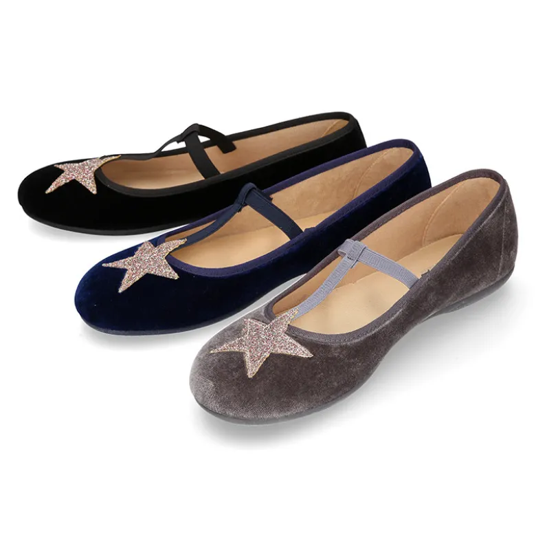 Merceditas en forma de T con elástico y ESTRELLAS en terciopelo.