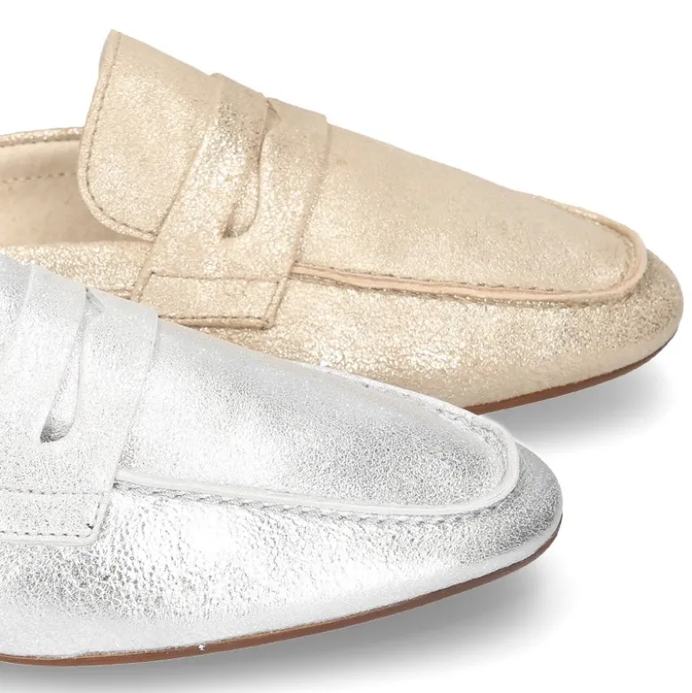 Mocasín destalonado tipo MULE en piel Metalizada.