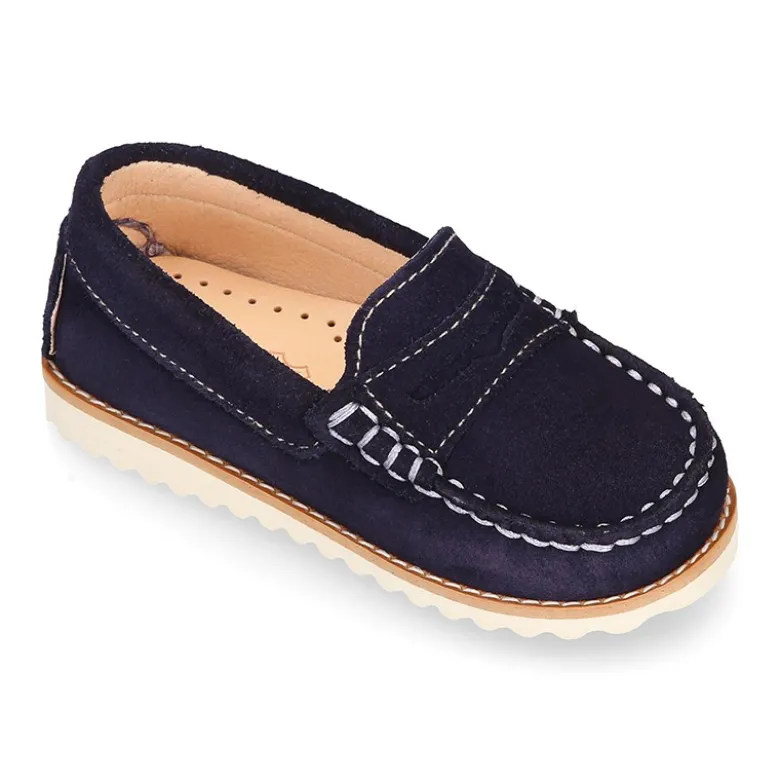 Mocasín niño antifaz piel serraje y suela primavera verano.