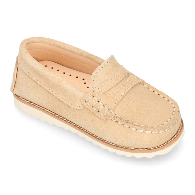 Mocasín niño antifaz piel serraje y suela primavera verano.
