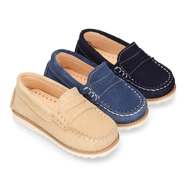 Mocasín niño antifaz piel serraje y suela primavera verano.