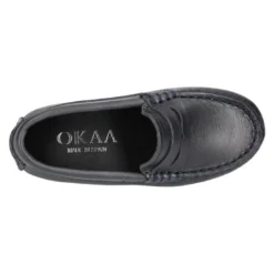 Mocasín niño clásico con diseño de antifaz en piel azul marino.