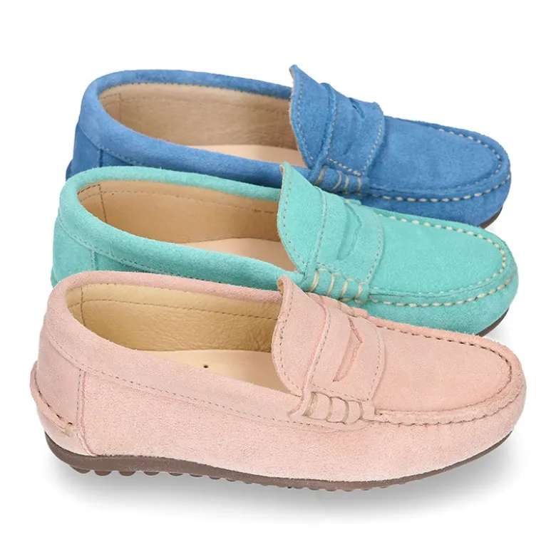 Mocasín niños antifaz en piel serraje en colores de PRIMAVERA.