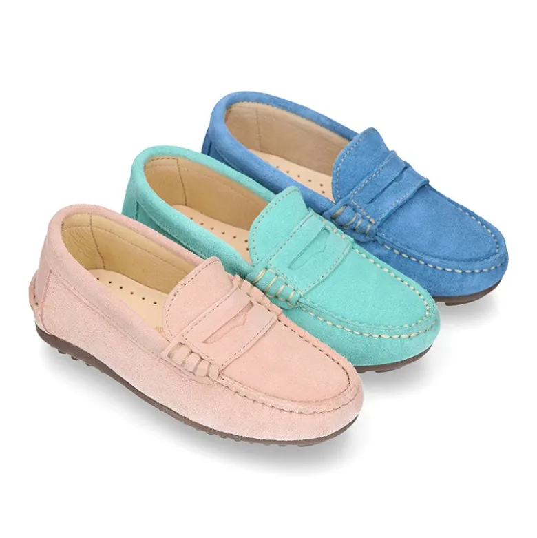 Mocasín niños antifaz en piel serraje en colores de PRIMAVERA.