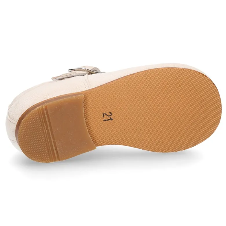 Nueva Mercedita clásica con hebilla en piel ANTE en colores pasteles.