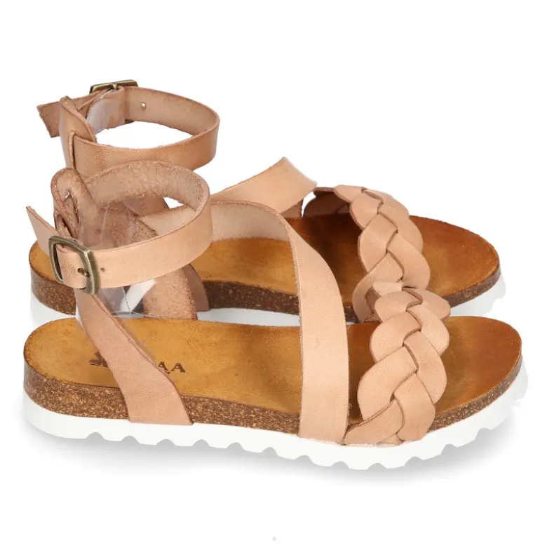 Nueva Sandalia Niña Mayor en piel atada al tobillo y diseño trenzado.