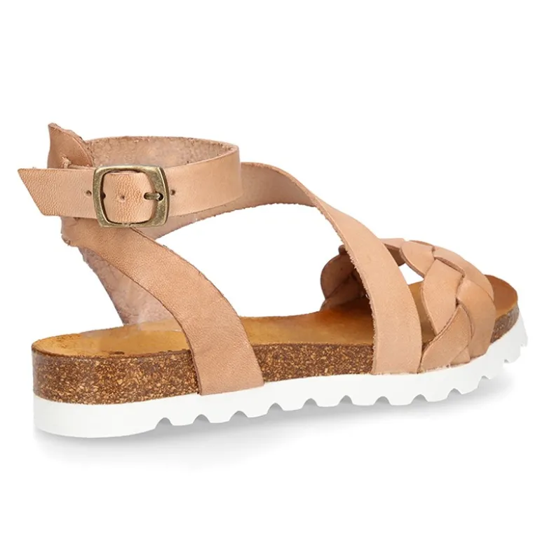 Nueva Sandalia Niña Mayor en piel atada al tobillo y diseño trenzado.