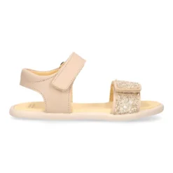 Sandalia barefoot niña beige con glitter y doble cierre adherente