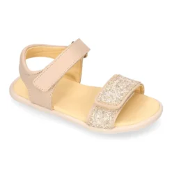 Sandalia barefoot niña beige con glitter y doble cierre adherente