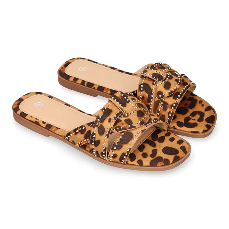Sandalia mujer tipo zueco con diseño trenzado de leopardo
