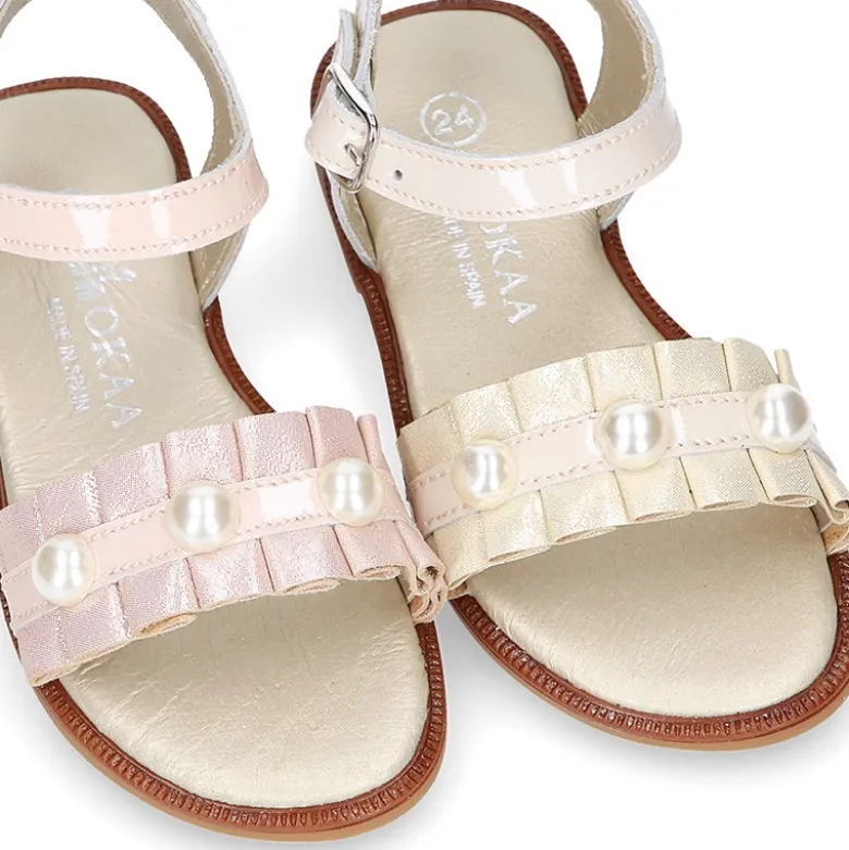 Sandalia Niña en piel ante metalizado con diseño con pliegues y PERLAS.