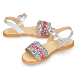 Sandalia Niña en piel con glitter plata y rosa.