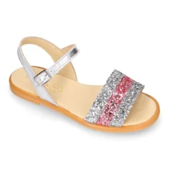 Sandalia Niña en piel con glitter plata y rosa.