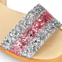Sandalia Niña en piel con glitter plata y rosa.