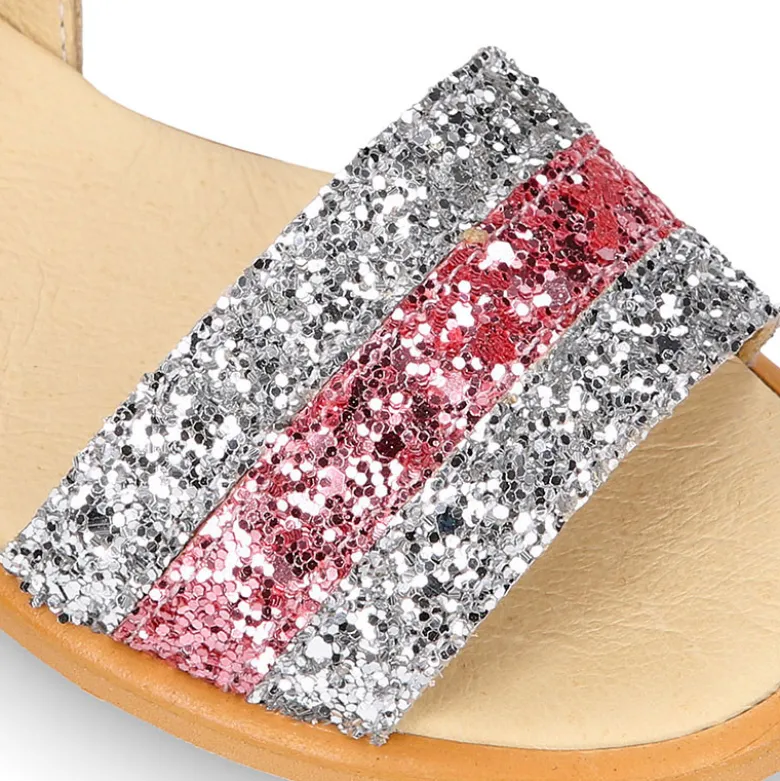 Sandalia Niña en piel con glitter plata y rosa.