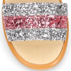 Sandalia Niña en piel con glitter plata y rosa.