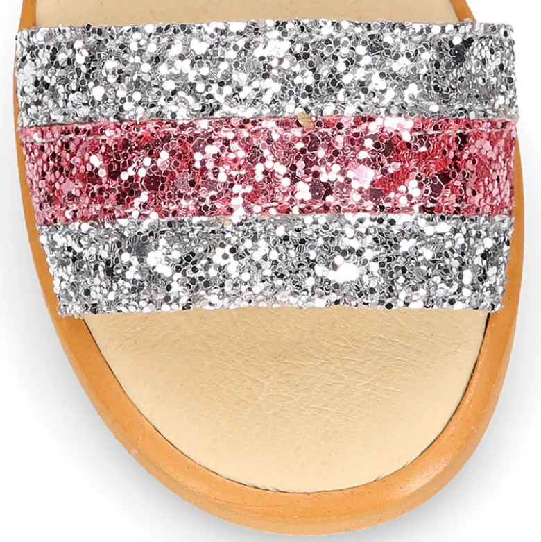 Sandalia Niña en piel con glitter plata y rosa.