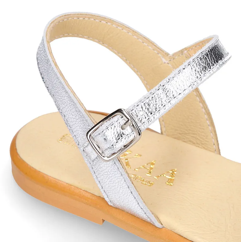 Sandalia Niña en piel con glitter plata y rosa.