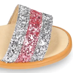 Sandalia Niña en piel con glitter plata y rosa.
