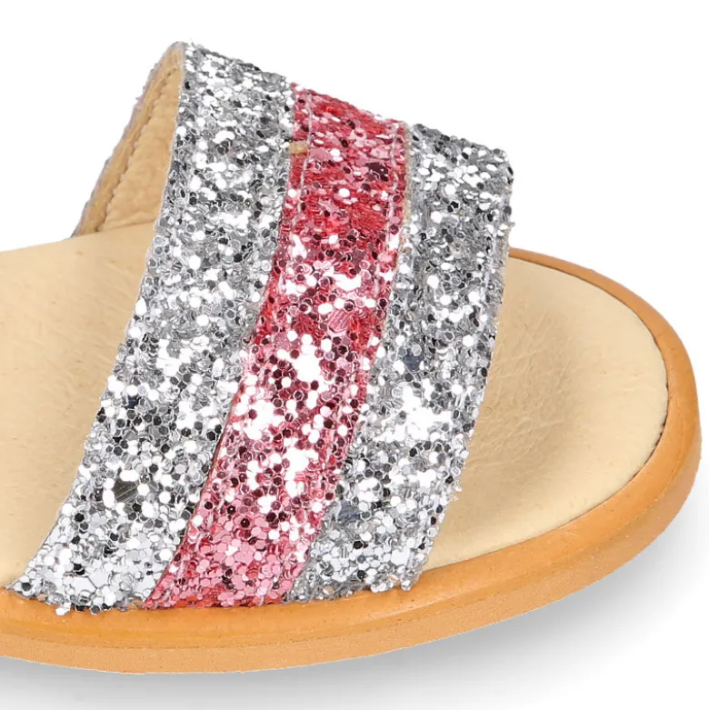 Sandalia Niña en piel con glitter plata y rosa.