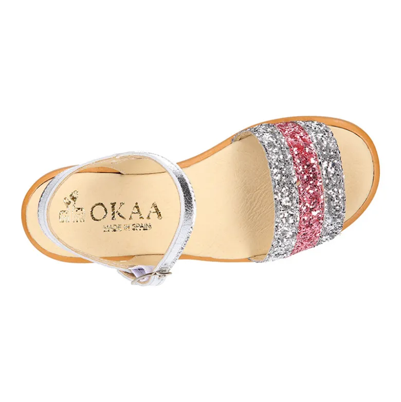 Sandalia Niña en piel con glitter plata y rosa.