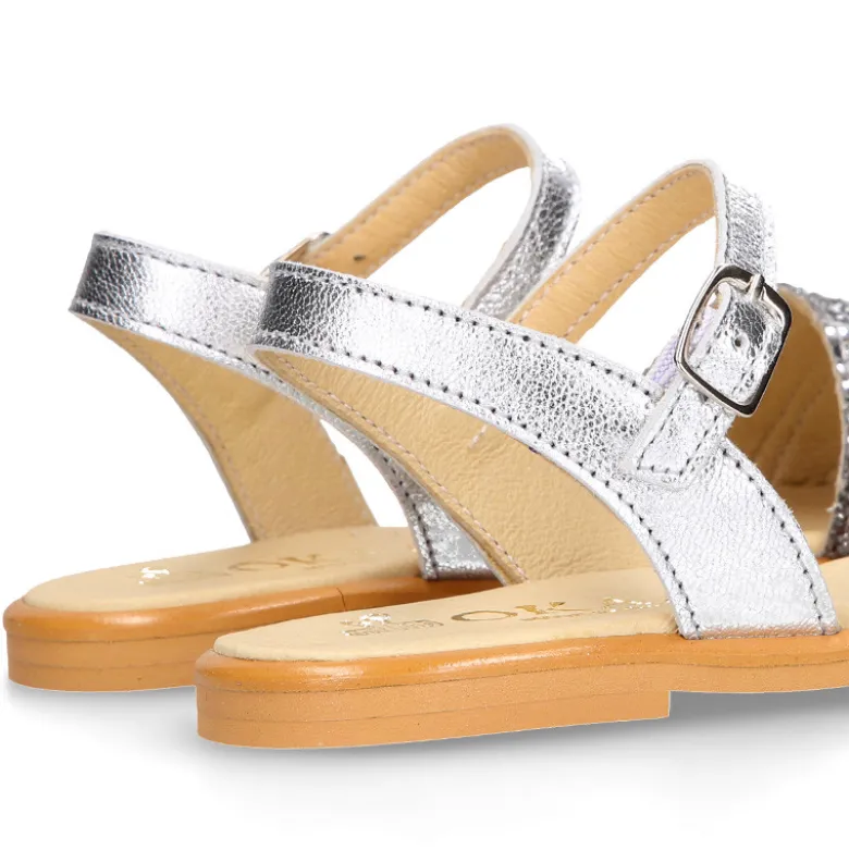 Sandalia Niña en piel con glitter plata y rosa.
