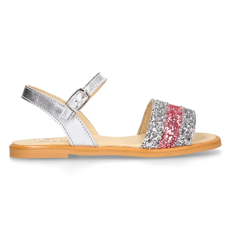 Sandalia Niña en piel con glitter plata y rosa.