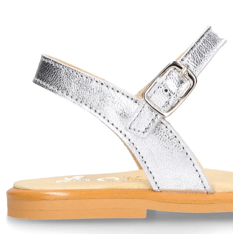 Sandalia Niña en piel con glitter plata y rosa.