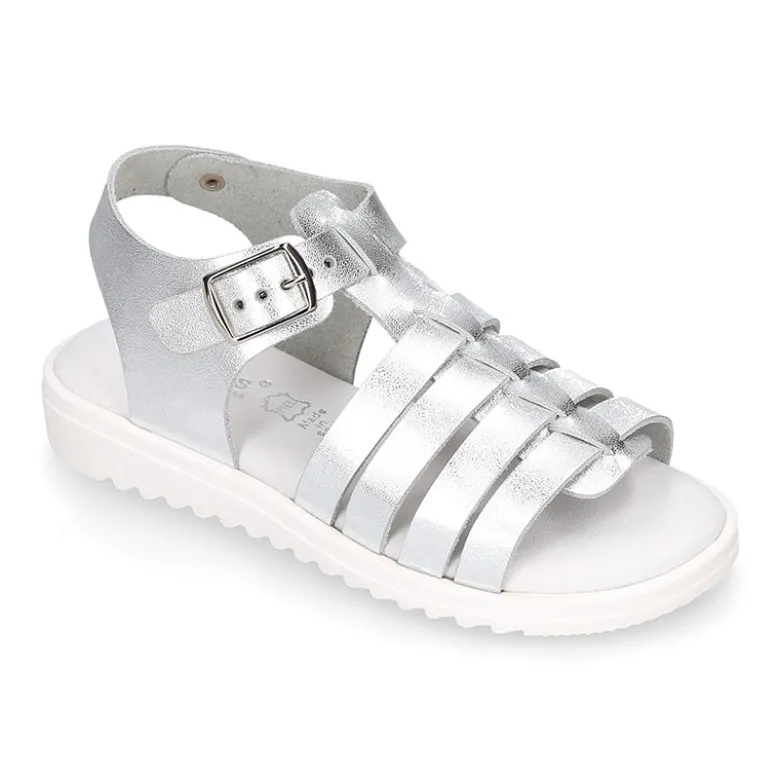 Sandalia Niña en piel METALIZADA con hebilla y suela SUPER FLEXIBLE.