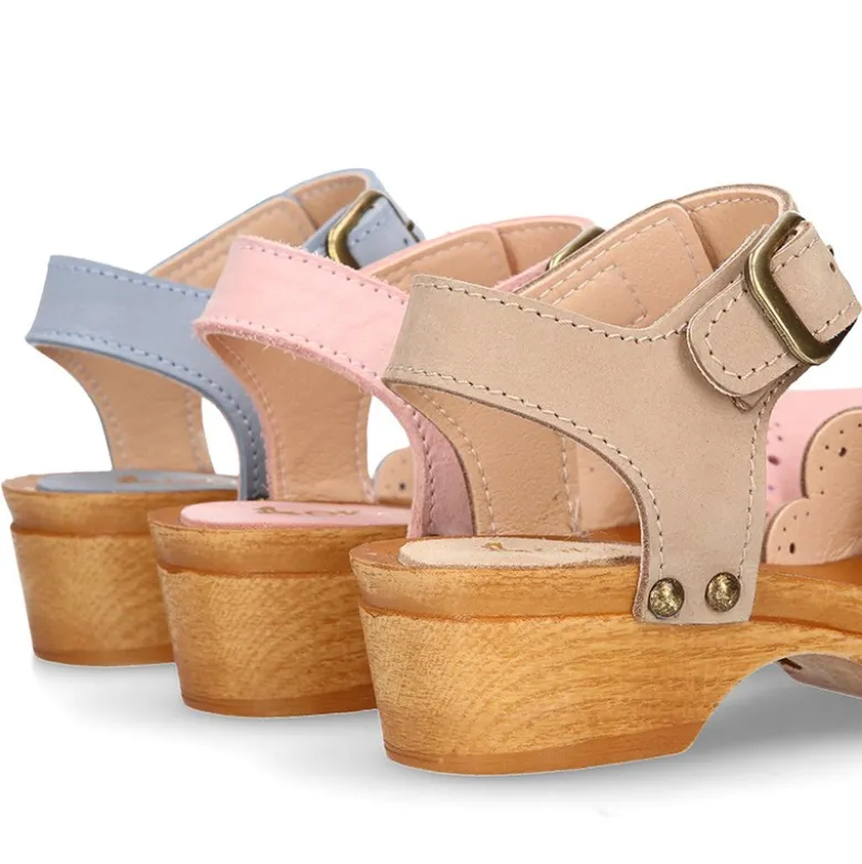 Sandalia Niña Mayor tipo ZUECO de madera con ONDAS en piel Nobuck.