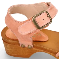 Sandalia Niña Mayor tipo ZUECO de madera en piel serraje con GLITTER.