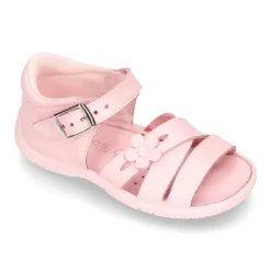 Sandalia Niña peque en piel lavable con tiras cruzadas, FLOR y suela SUPER FLEXIBLE.